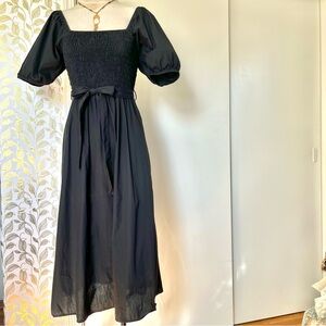 Kensie Black Cotton Dress with Puff Sleeves and Ruched Elastic Bodice